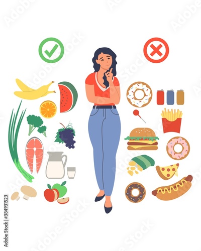 Obesity and weight problems. Young woman choosing between healthy and unhealthy food, flat vector illustration. Weight loss and healthy lifestyle. Junk food vs healthy balanced menu.