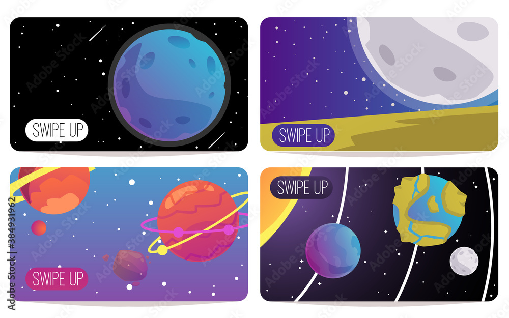 Space and Solar System banner set with cartoon planets in orbit