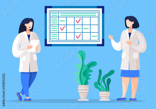 Administrative worker organize work process in hospital. Organization of schedule, isolated woman in medical cloth. Vector illustration physicians, two nurses near board with check marks, green plants