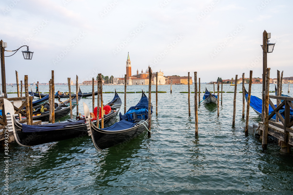 Gondolas at the Piazza San Marco in Venice, Italy, with San Giorgio Maggiore in the back