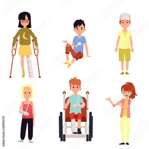 Injured kid set - children with injury isolated on white background
