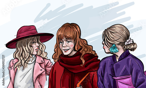 Fashionable female characters talking. Close friends in expensive clothes and accessories. Rich people wearing outerwear. Feminine ladies sketch. Portraits of young women. Vector illustration