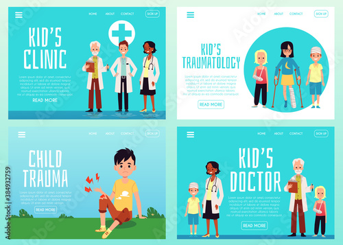 Set of vector illustrations with accident and injury kids a landing page templates