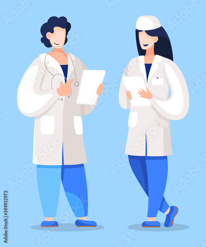 Doctor teaching intern to cope with documentation. Professor talking to student on practice. Medical worker discussing theory issues with nurse working in hospital or clinics. Vector in flat style
