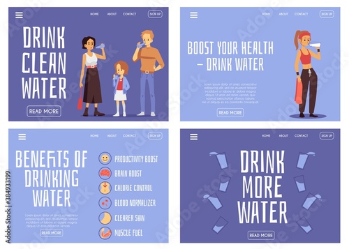 Drink more water, hydration benefit banner set with cartoon people