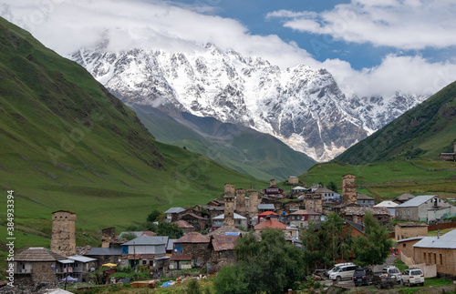 Ancient village Ushguli, recognized as the Svaneti UNESCO World Heritage Site, with mount Shkhara, the highest mount in Georgia, in the background. One of the highest inhabited settlements in Europe. © A.Pushkin