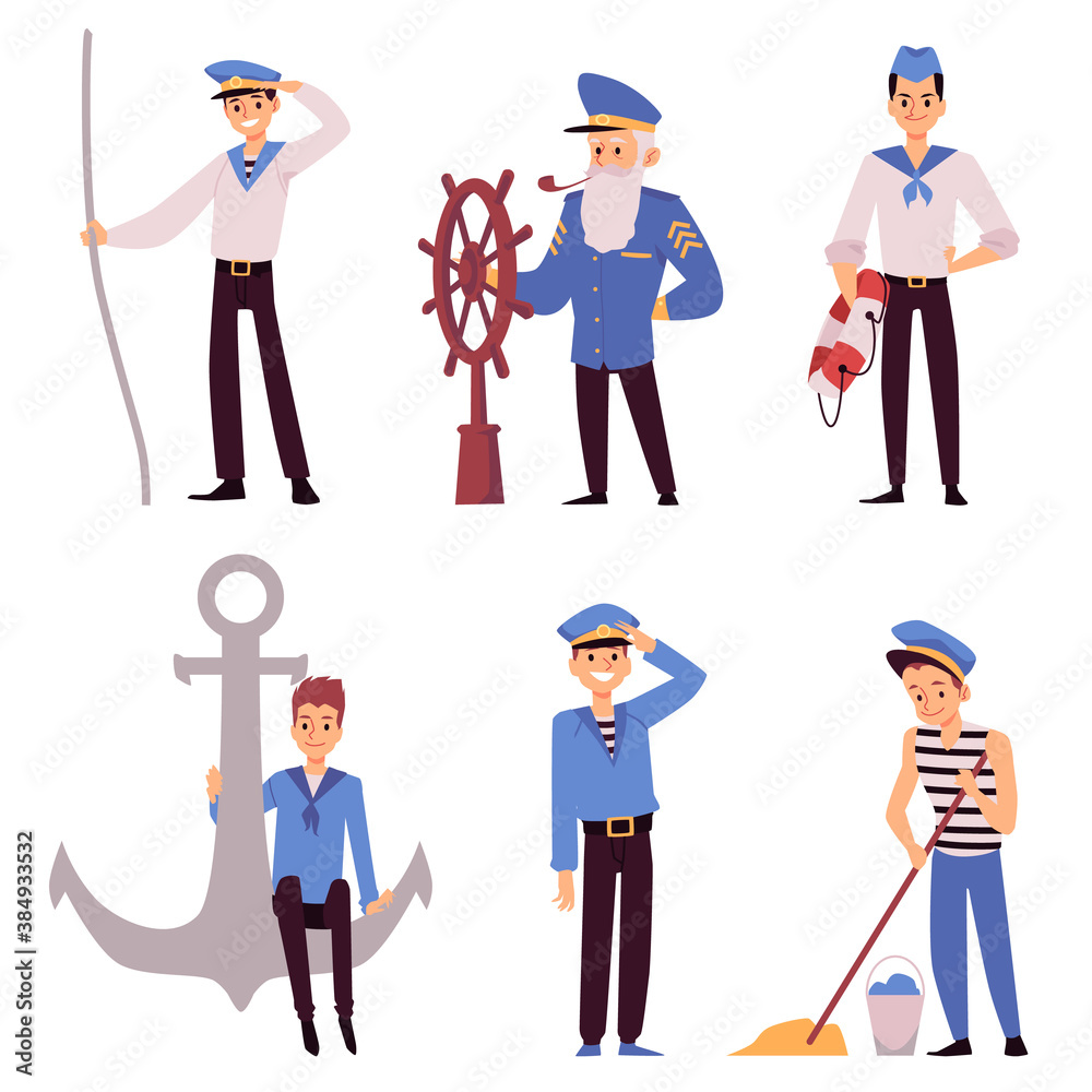 Vector set of cartoon characters of sailors and a captain working on board Vector set of cartoon characters of sailors and a captain working on board