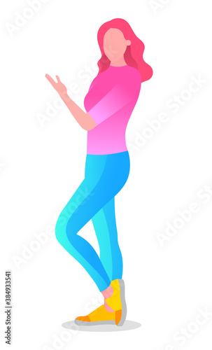 Woman standing in pose pointing aside or talking. Isolated female character design, young girl or teenage. Businesswoman gesturing or modeling. Successful lady vector in flat style illustration