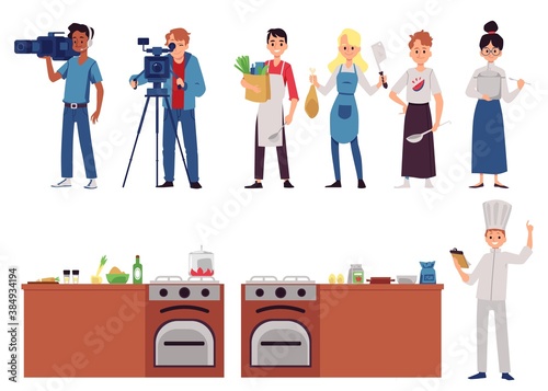 Cooking show set - contestants, filming crew and kitchen station