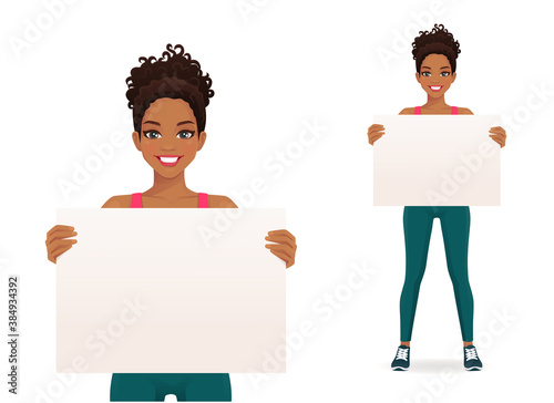 Sport african fitness woman in sportswear holding empty blank board isolated vector illustration