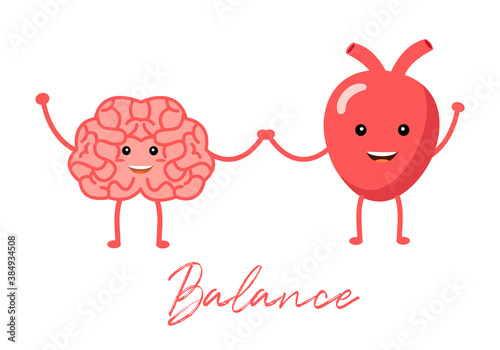 Cute pink human brain and heart holding hands cartoon in flat design. Logic and emotional balance concept vector illustration on white background.
