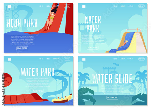 Water park banner set. Amusement aqua park website page with children