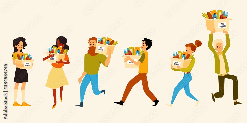 Fototapeta premium Volunteers are carry cardboard boxes for donation full food a vector illustration