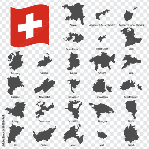 Twenty six Maps Regions of Switzerland- alphabetical order with name. Every single map of Canton are listed and isolated with wordings and titles. Switzerland. EPS 10. photo