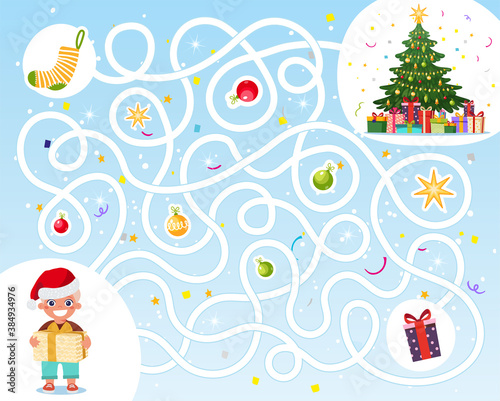 Help the boy find his way to the Christmas gifts. Labyrinth for children. An educational game for a kindergarten. Labyrinth in flat cartoon design, vector