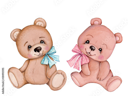 Fotografia Two brown teddy bears sitting. Watercolor hand drawn sketch.