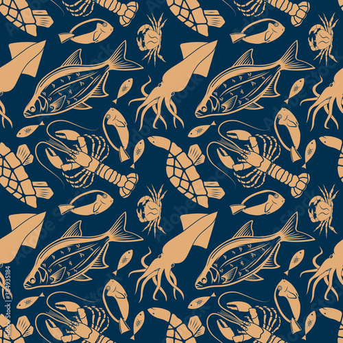 Seamless pattern with bream fish, lobster, squid, sea turtle, and king crab 
