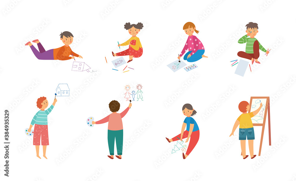 Children drawing and painting on wall and floor, vector illustration isolated.