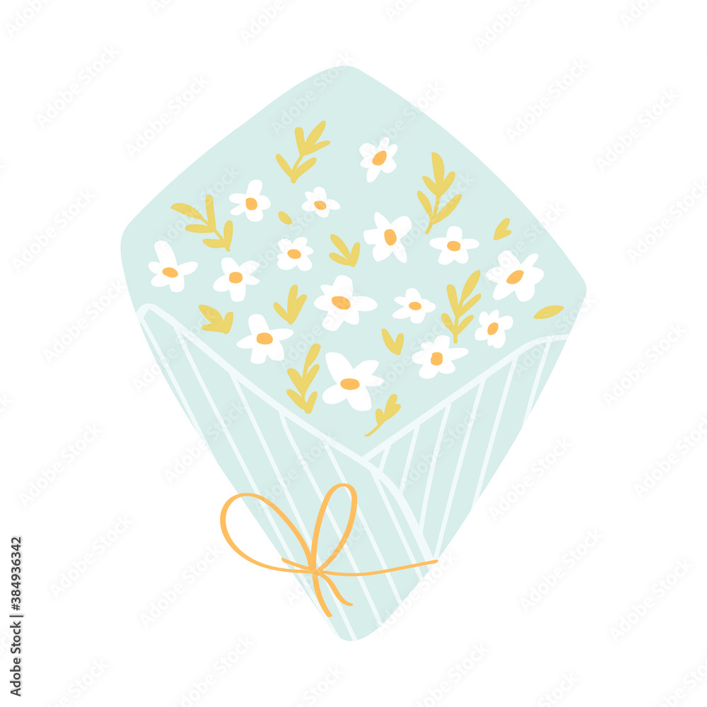 Bouquet of daisies. Wild blooming meadow flowers isolated on white background. Wildflowers used in floristry. Decorative floral design elements. Vector illustration in flat style.