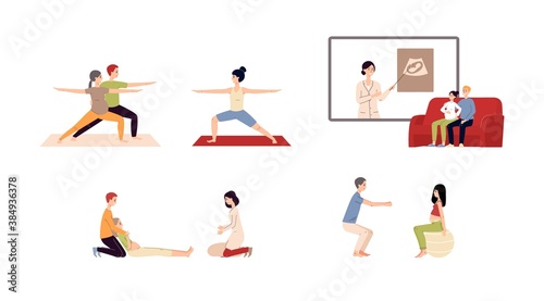 Set of future parents on pregnancy courses flat vector illustration isolated.