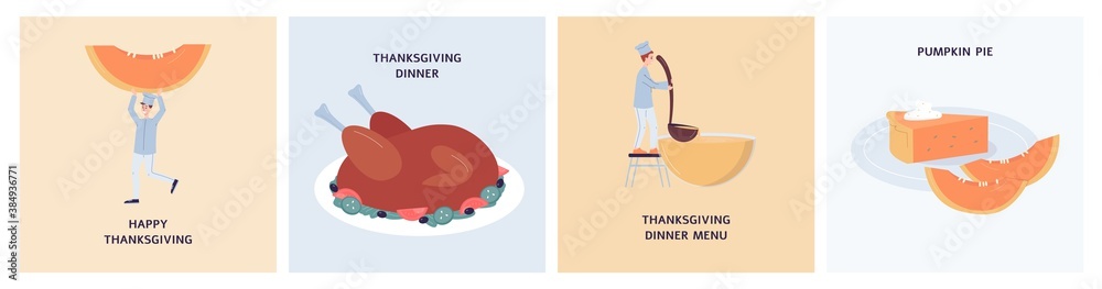 Thanksgiving menu cards set with festive dishes, flat vector illustration.