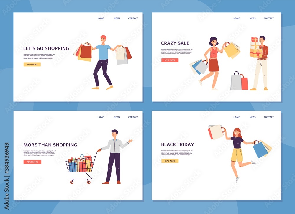 Shoppers with lots of bags and purchases a set of vector landing pages templates Shoppers with lots of bags and purchases a set of vector landing pages templates