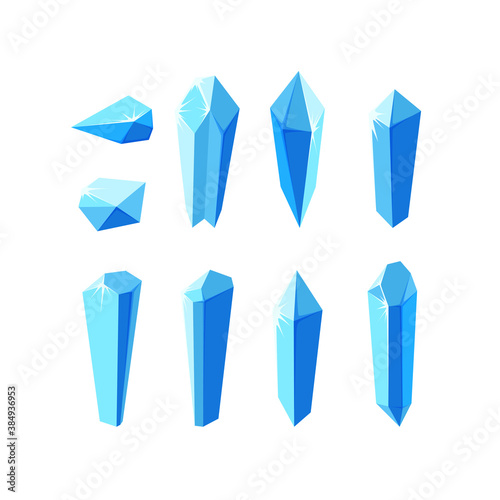 Ice crystals and minerals isolated in white background. Set of separate crystals and their pieces. Winter landscape elemets for game design. Vector illustration in cartoon style