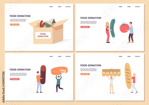 Set of web page with app of social support, charity and food donation