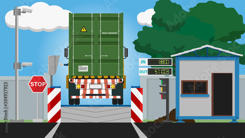 Rear side of container truck on the weighing scale at the checkpoint. After transport operations. Beside with many equipment Score board CCTV camera. And hard of driver scan card on Scanning cabinet.