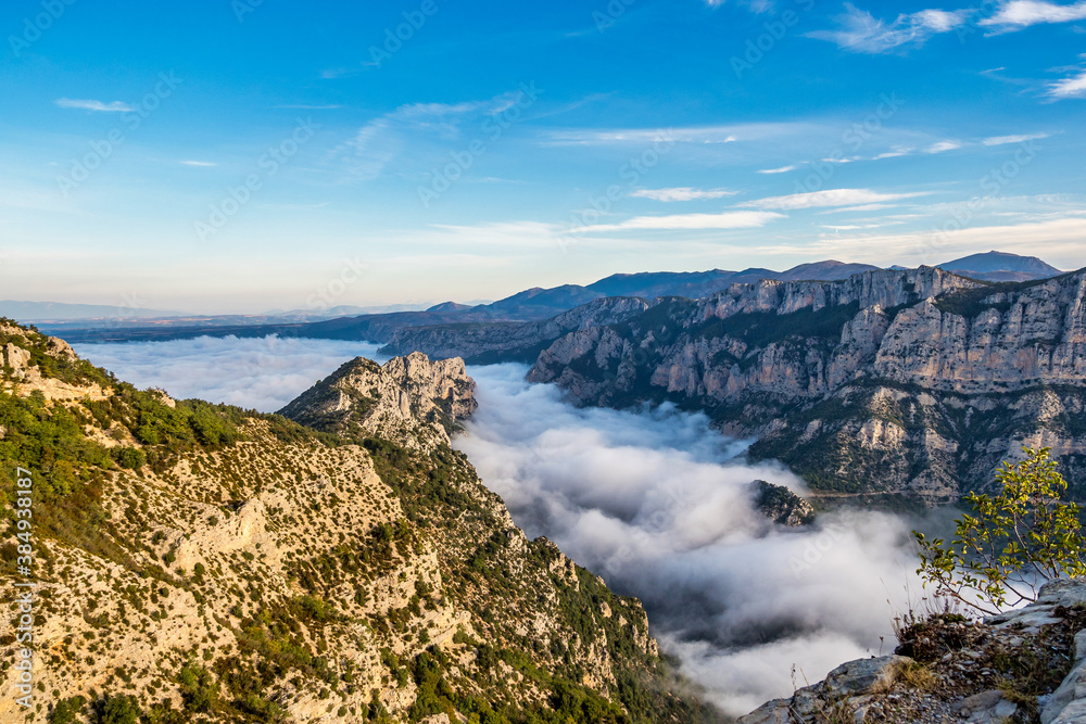 Mist hanging over Verdon Gorge, Gorges du Verdon in French Alps, Provence,France
