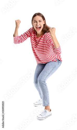 Happy young woman on white ...