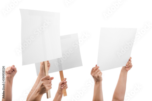 Hands of protesting people with placards on white background
