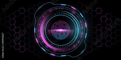 Futuristic fingerprint UI design. Scanning user data. Glowing purple and blue HUD display. Digital concept. High tech panel with hexagon cyber pattern for your design. Vector illustration photo