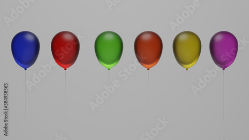 3d rendering of isolated balloons of red, green, yellow, orange, blue, pink colors against a white background