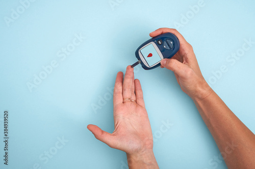 Healthy lifestyle concept. Health care. Medical diabetes meter equipment. Top view of glucose blood test. World diabetes health day.