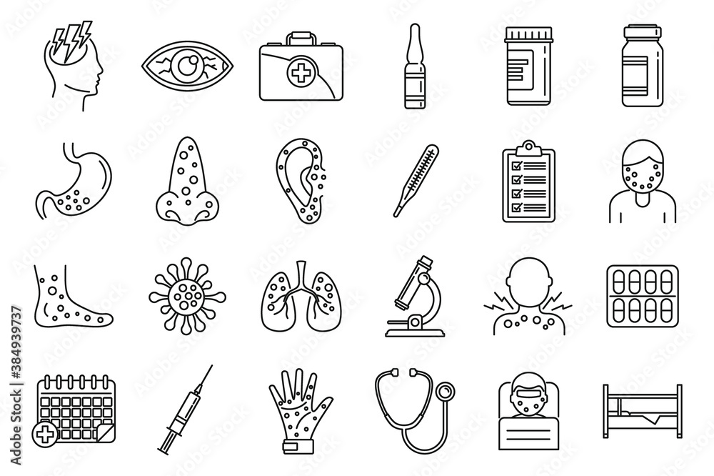 Human measles icons set. Outline set of human measles vector icons for web design isolated on white background - obrazy, fototapety, plakaty 