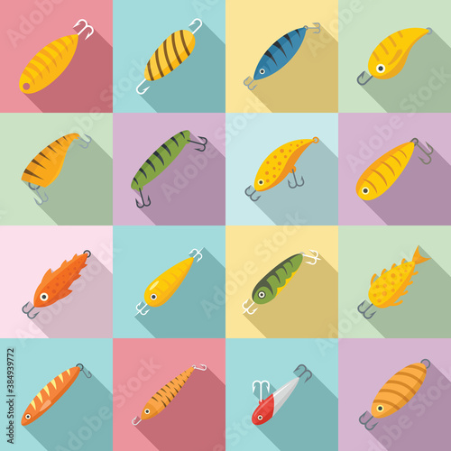 Fish bait icons set. Flat set of fish bait vector icons for web design