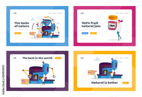 People Making Jam or Marmalade Landing Page Template Set. Tiny Characters Stand on Ladders at Huge Machine with Arms