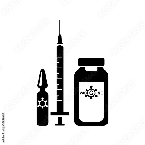 Antiviral vaccine, ampoule and syringe, vaccination immunity against coronavirus. Isolated black illustration on a white background, vector