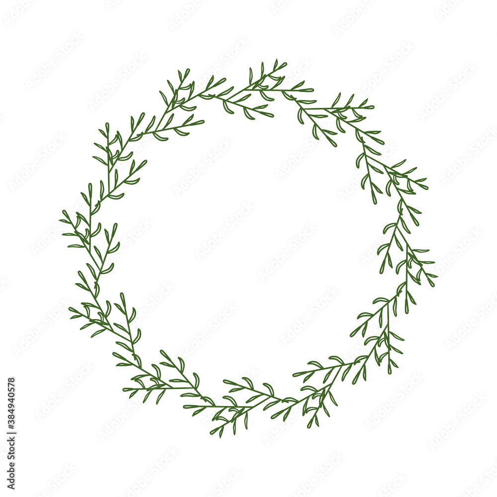 A wreath of green branches. Round floral frame made from hand drawn leaves. Floral border in linear style. Decorative design element. Doodle frame for logo, invitation, farm house. Vector illustration