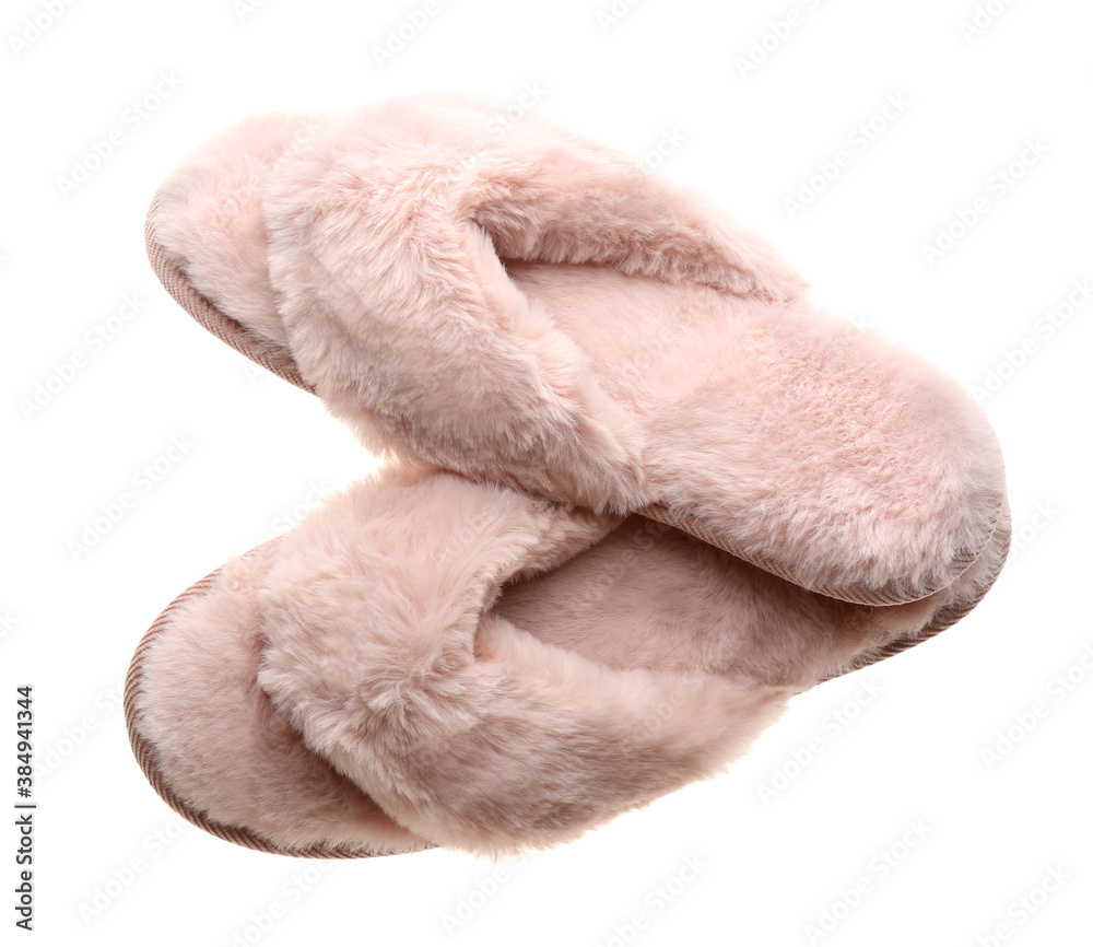 Stylish soft slippers on white background, top view Stylish soft slippers on white background, top view