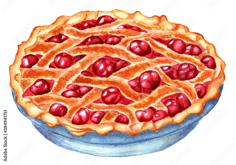 Wicker cherry pie, golden with a crispy crust, lots of juicy cherries. Watercolor illustration. Isolated on white background. Drawn by hand. Wicker cherry pie, golden with a crispy crust, lots of juicy cherries. Watercolor illustration. Isolated on white background. Drawn by hand.