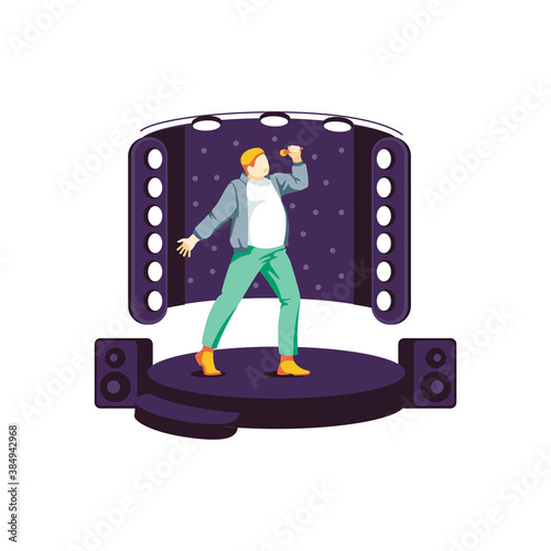Singer performing on stage with microphone. Guy singing song at karaoke bar or night club. Weekend sparetime, recreation hobby flat vector illustration on white background