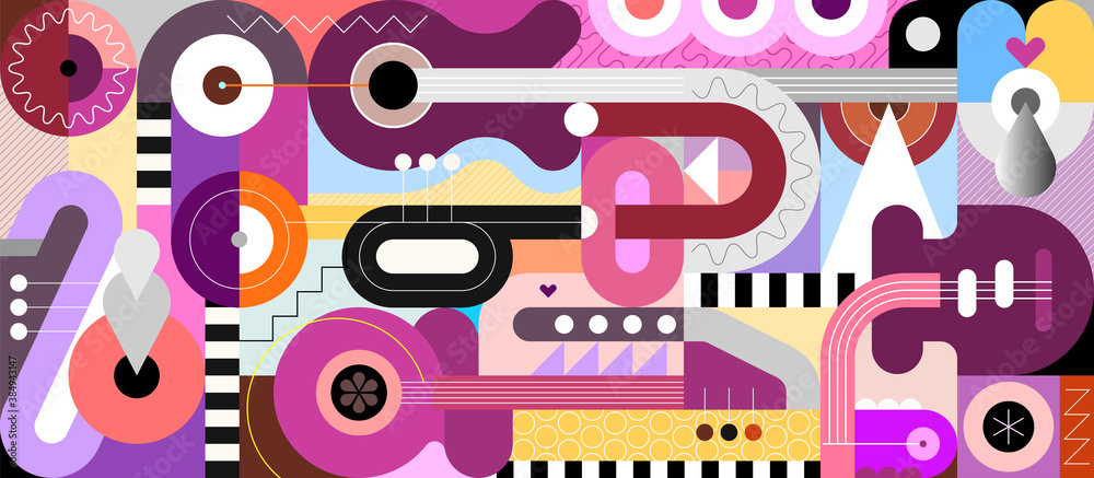 Colored geometric style design of different musical instruments. Abstract art composition of guitars, trumpet, saxophone and geometric shapes, vector illustration.