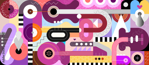 Colored geometric style design of different musical instruments. Abstract art composition of guitars, trumpet, saxophone and geometric shapes, vector illustration.