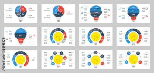 set of light bulb infographic element vector, data visualization with 3, 4, 5, 6 points, steps, options, list, processes, can be used for workflow, presentation slide, brochure, banner, flyer, etc.