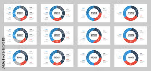 set of circle infographic element vector with 3, 4, 5, 6 points, steps, options, list, processes, can be used for workflow, report, presentation slide, banner, brochure, flyer, etc.