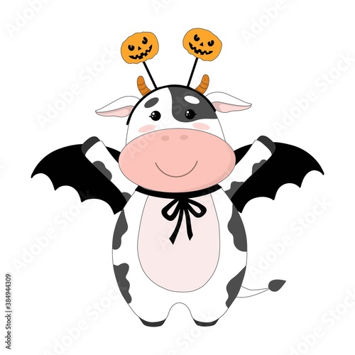 Vector cute cow or bull. Symbol of year 2021. Calf in Halloween costume, with bat wings and pumpkins. Character for children's book or postcard. Isolated on white background