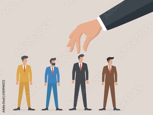 Recruitment and human resources, diversify teamwork, job opportunity or employee choosing or hiring person concept, corporate businessman hand choosing candidate with various suit color person dolls.