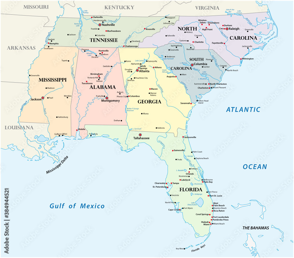 administrative vector map of the states of the Southeastern United States